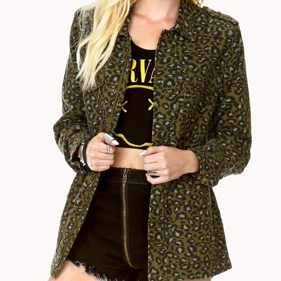 Forever 21 Jackets & Blazers - F21 Olive Green Leopard Safari Jacket Size S